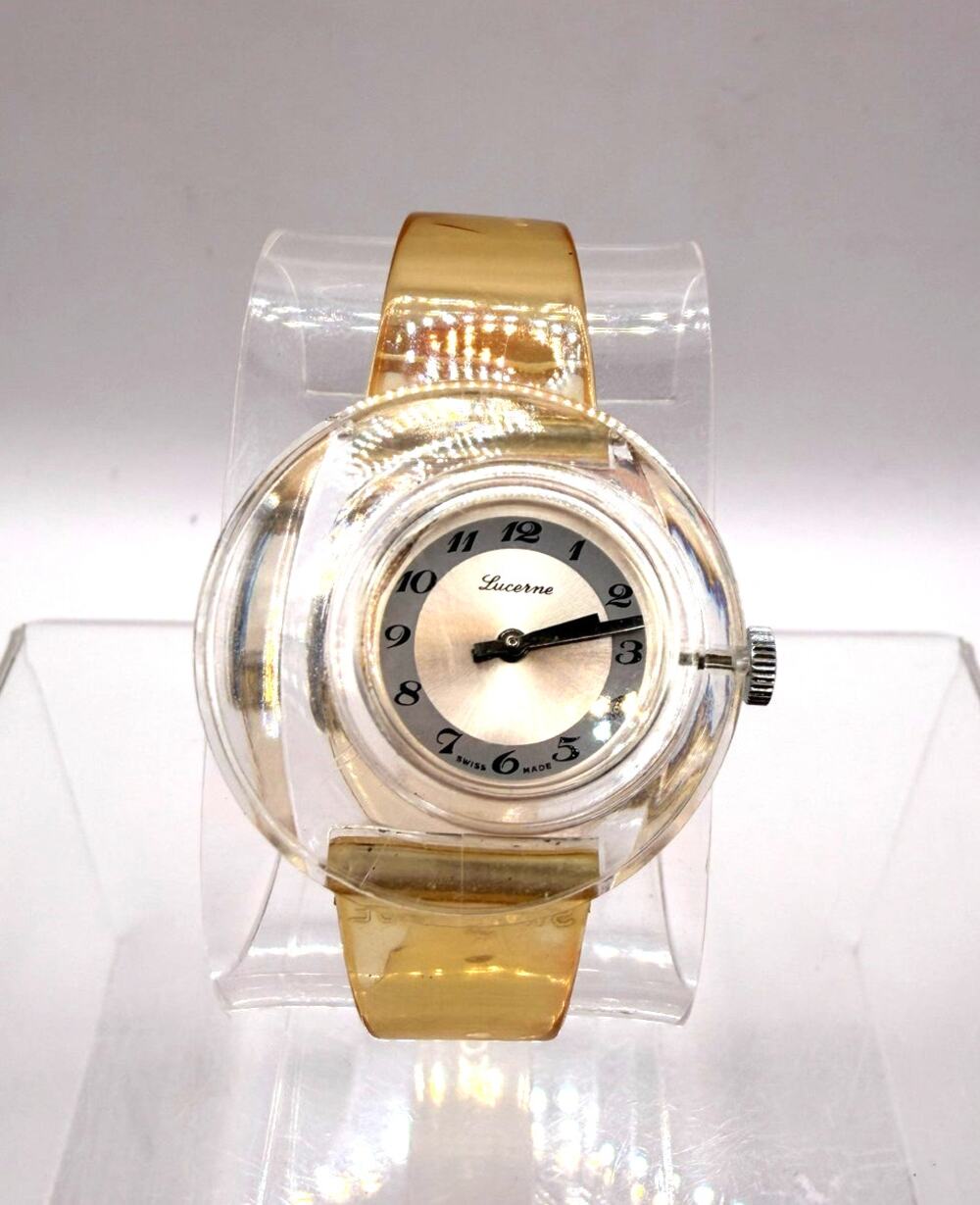 Vintage Lucerne Lucite Mechanical Watch W/Skelton Back